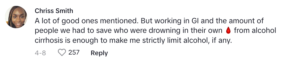 Comment on alcohol and cirrhosis from Chriss Smith, highlighting personal decision to limit alcohol consumption. 257 likes