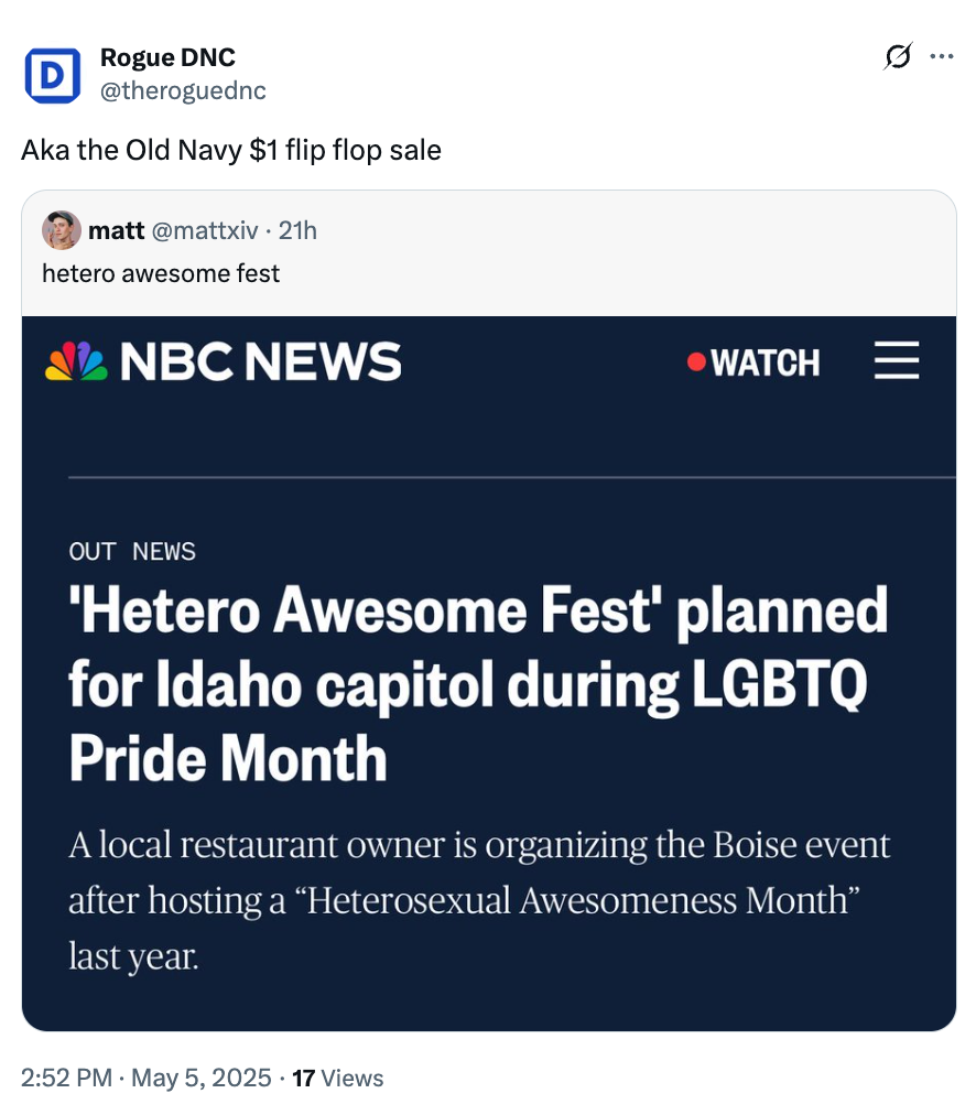 Tweet mocking planned "Hetero Awesome Fest" in Boise during LGBTQ Pride Month, suggesting it mirrors an Old Navy $1 flip flop sale