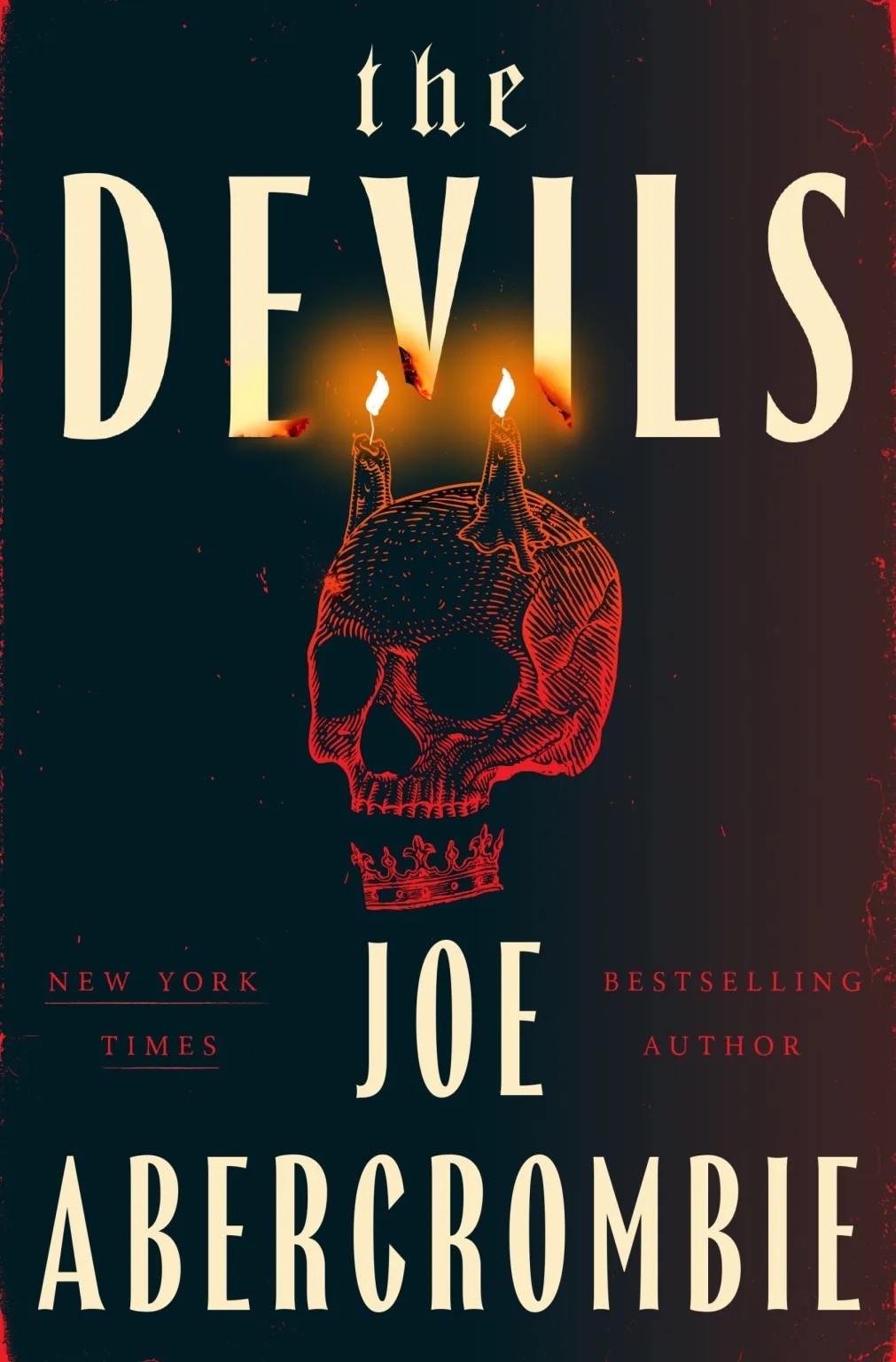 Book cover of "The Devils" by Joe Abercrombie features a skull with candle horns, glowing text, and labels it as a New York Times bestselling author