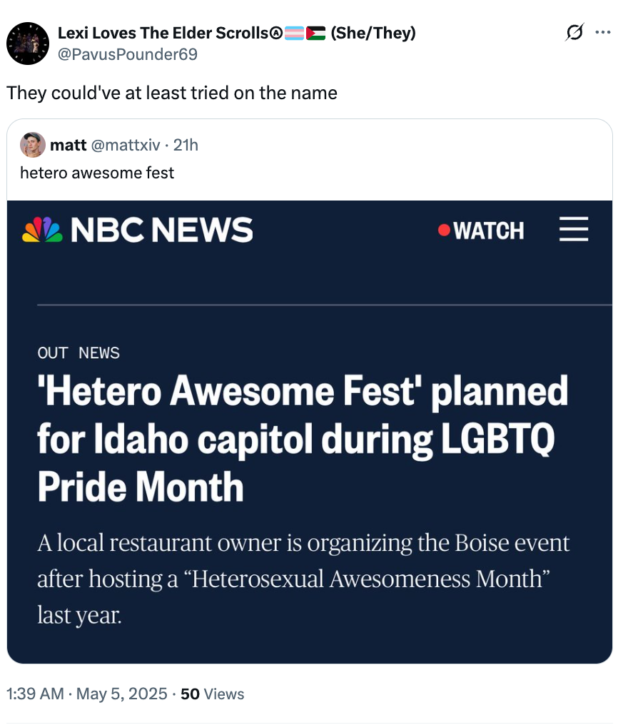 Tweet about "Hetero Awesome Fest" planned during Idaho LGBTQ Pride Month; local restaurant owner organizing event