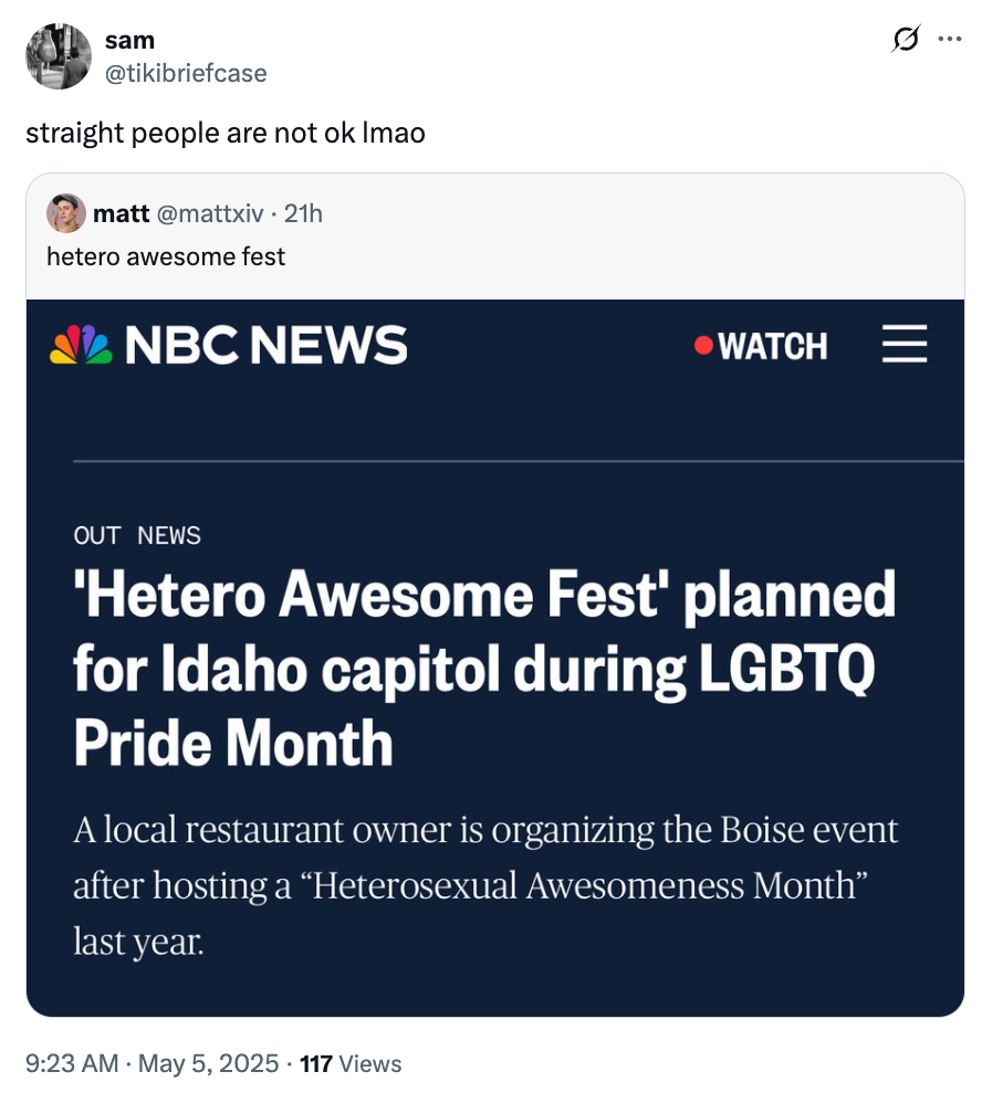 Screenshot of a tweet mocking the "Hetero Awesome Fest" planned in Idaho during LGBTQ Pride Month, with a reaction calling it absurd
