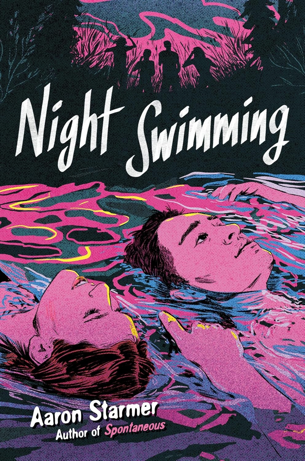 Cover of "Night Swimming" by Aaron Starmer. Illustration shows two people floating in water at night