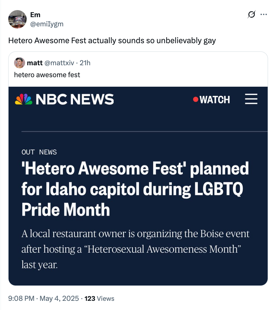 A tweet humorously comments on NBC News reporting "Hetero Awesome Fest" planned during LGBTQ Pride Month in Idaho