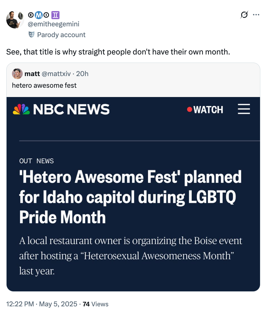 Screenshot of a tweet mocking a news headline about a "Hetero Awesome Fest" planned during LGBTQ Pride Month in Idaho