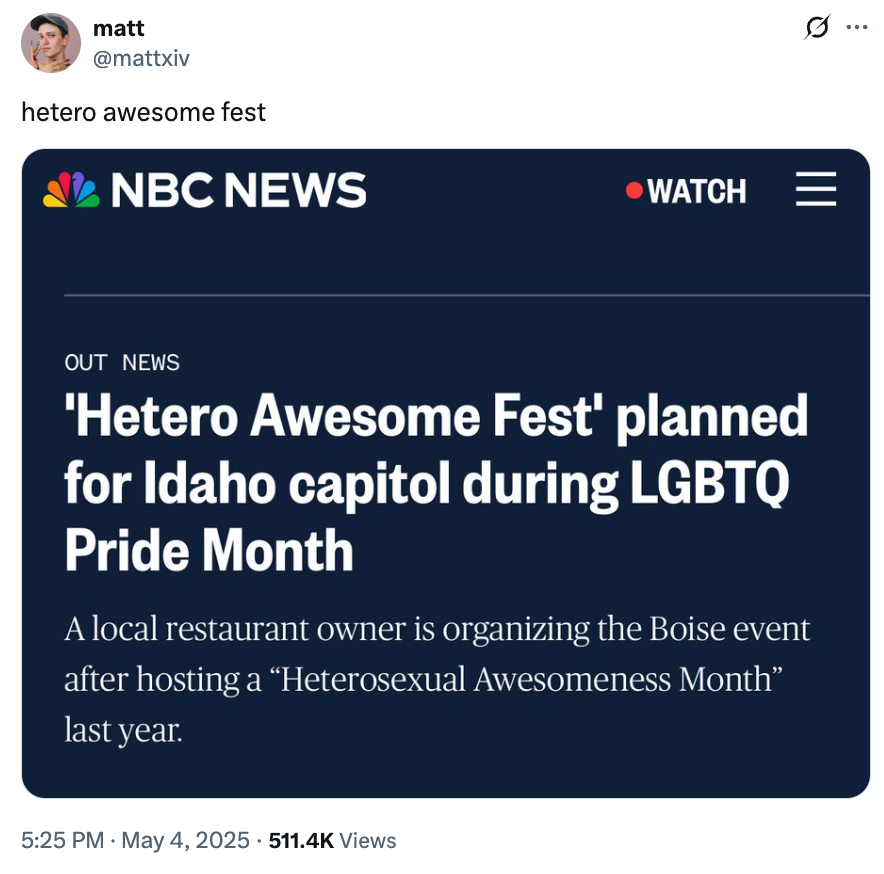 News headline about 'Hetero Awesome Fest' planned for Idaho Capitol during LGBTQ Pride Month, organized by a local restaurant owner