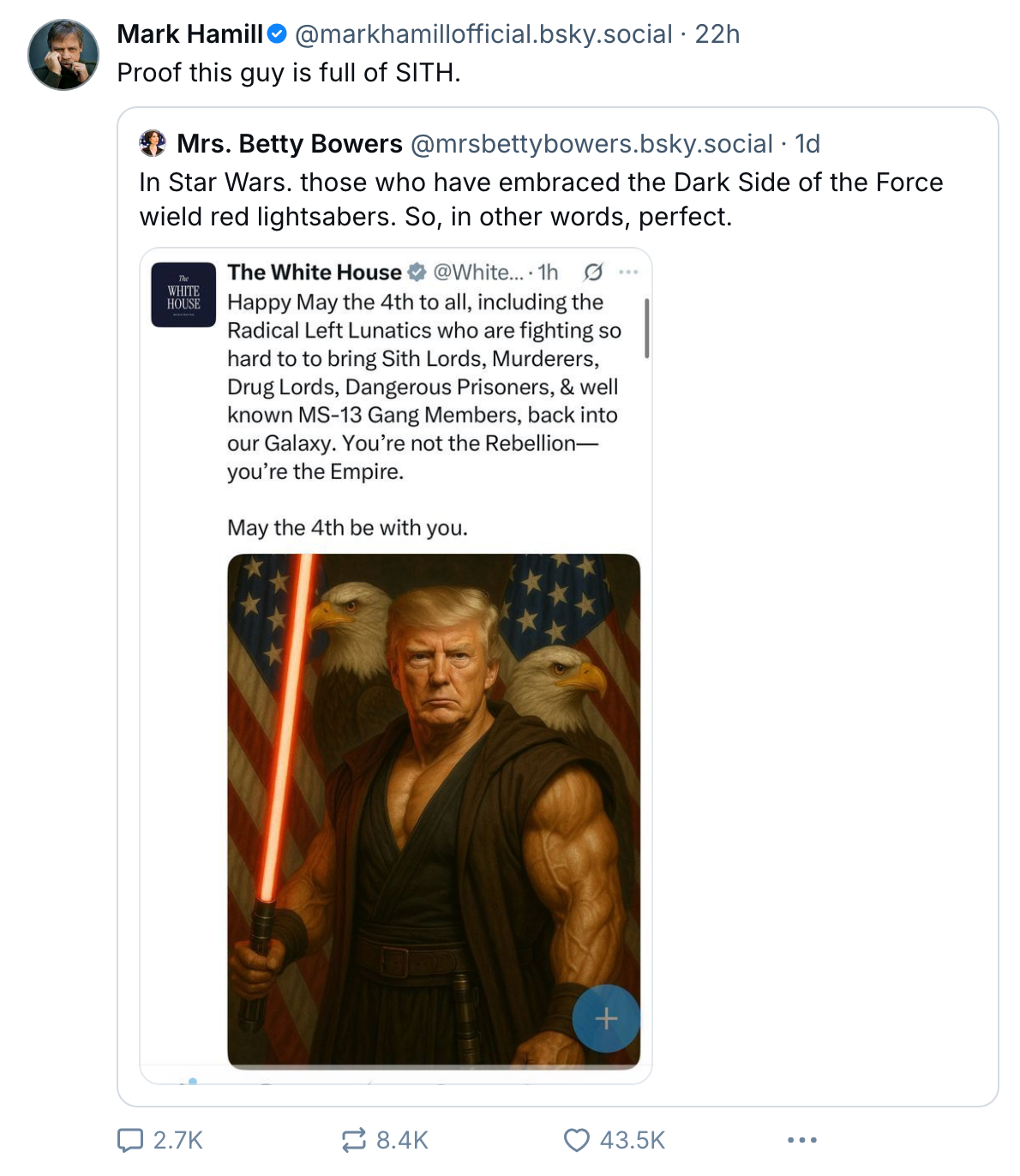 Tweet by Mark Hamill shows a faux painting of a stern-looking person in a Star Wars Sith robe, holding a red lightsaber