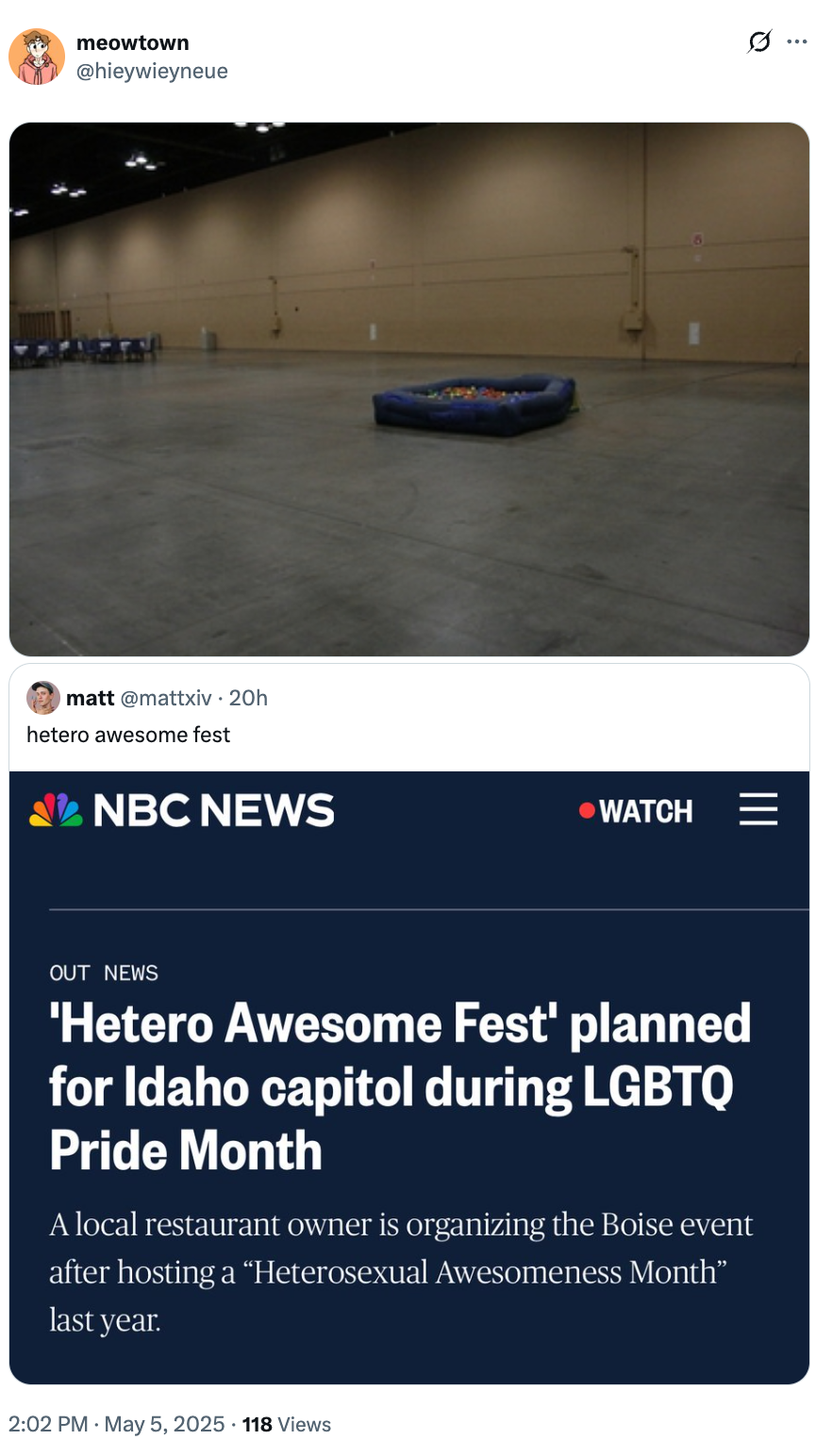 A satirical tweet jokes about an empty event space as "Hetero Awesome Fest" during LGBTQ Pride Month, with a headline about the planned event