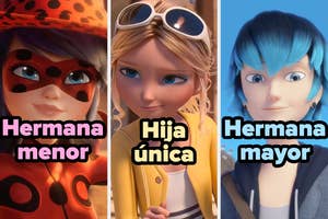 Tres personajes animados: a la izquierda, Hermana menor con traje de superhéroe; al centro, Hija única con gafas; a la derecha, Hermana mayor con cabello azul