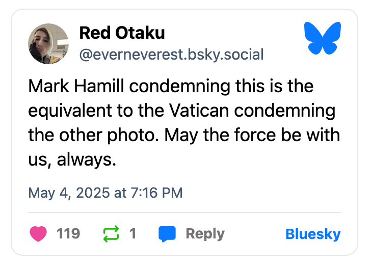 Screenshot of a Bluesky post by Red Otaku comparing Mark Hamill's condemnation to the Vatican's role. Includes engagement stats and date