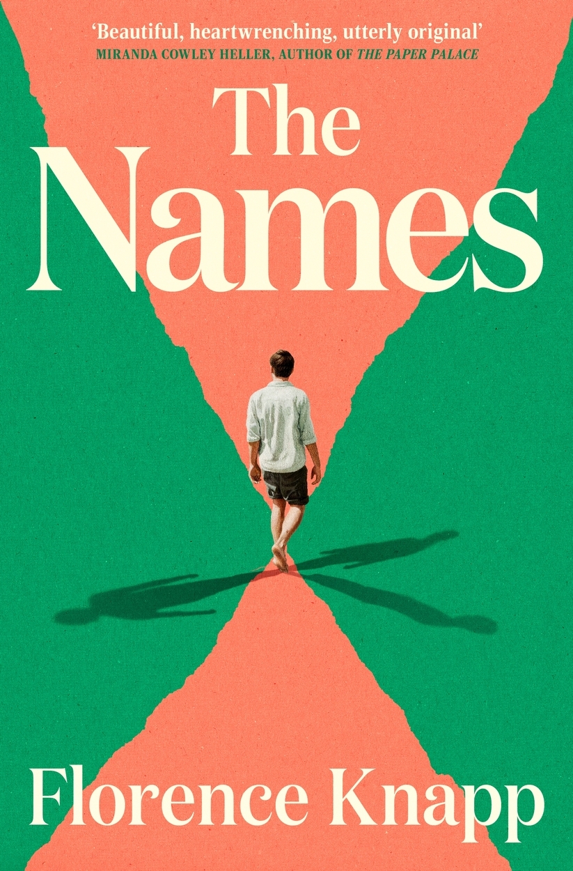 Cover of "The Names" by Florence Knapp, featuring a person walking through a triangular path. Endorsements and author's name are also displayed
