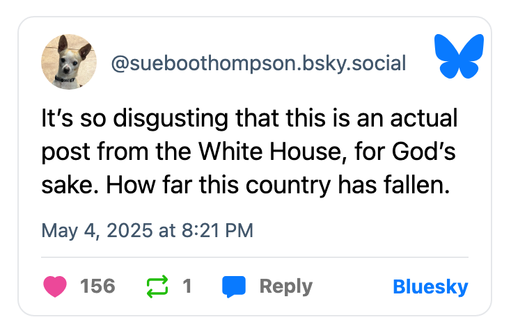 Social media post expressing dismay about a message from the White House, questioning the country's decline
