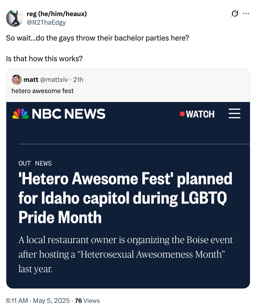 Screenshot of a tweet questioning LGBTQ bachelor parties, with a news headline about "Hetero Awesome Fest" planned during LGBTQ Pride Month