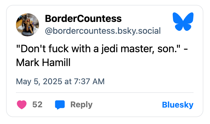 Social media post quoting Mark Hamill: "Don't fuck with a Jedi master, son."