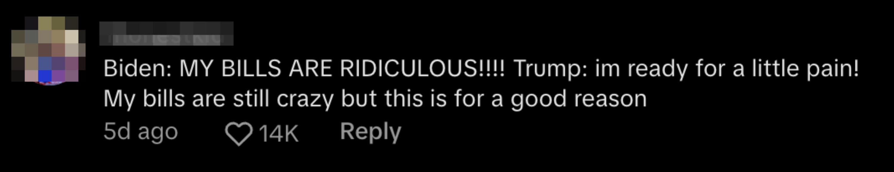 User comments on bills being ridiculous but hopeful about reasons, with humor referencing Biden and Trump