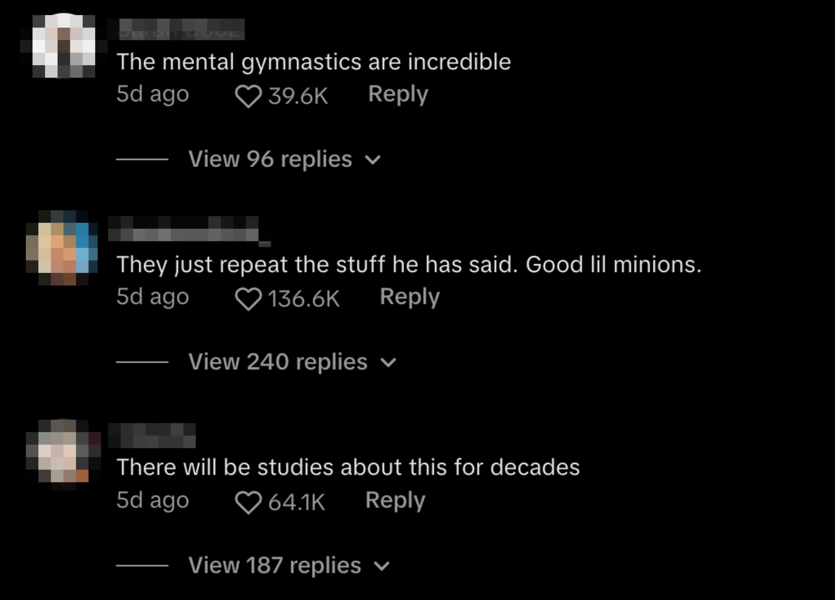 Screenshot of social media comments discussing opinions with many replies and likes