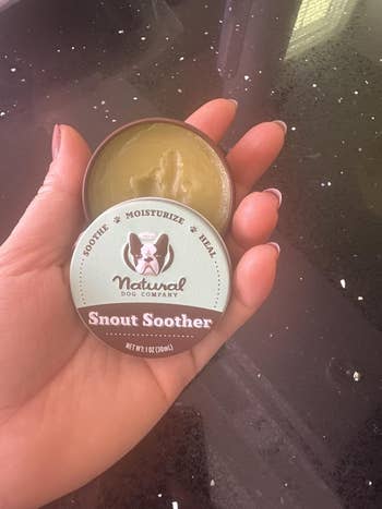 Hand keeping a tin of Natural Dog Company Snout Soother