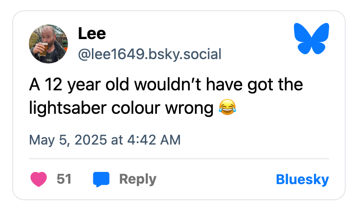 A tweet by user Lee joking about a lightsaber color mistake, with laughing emoji and 51 likes, dated May 5, 2025