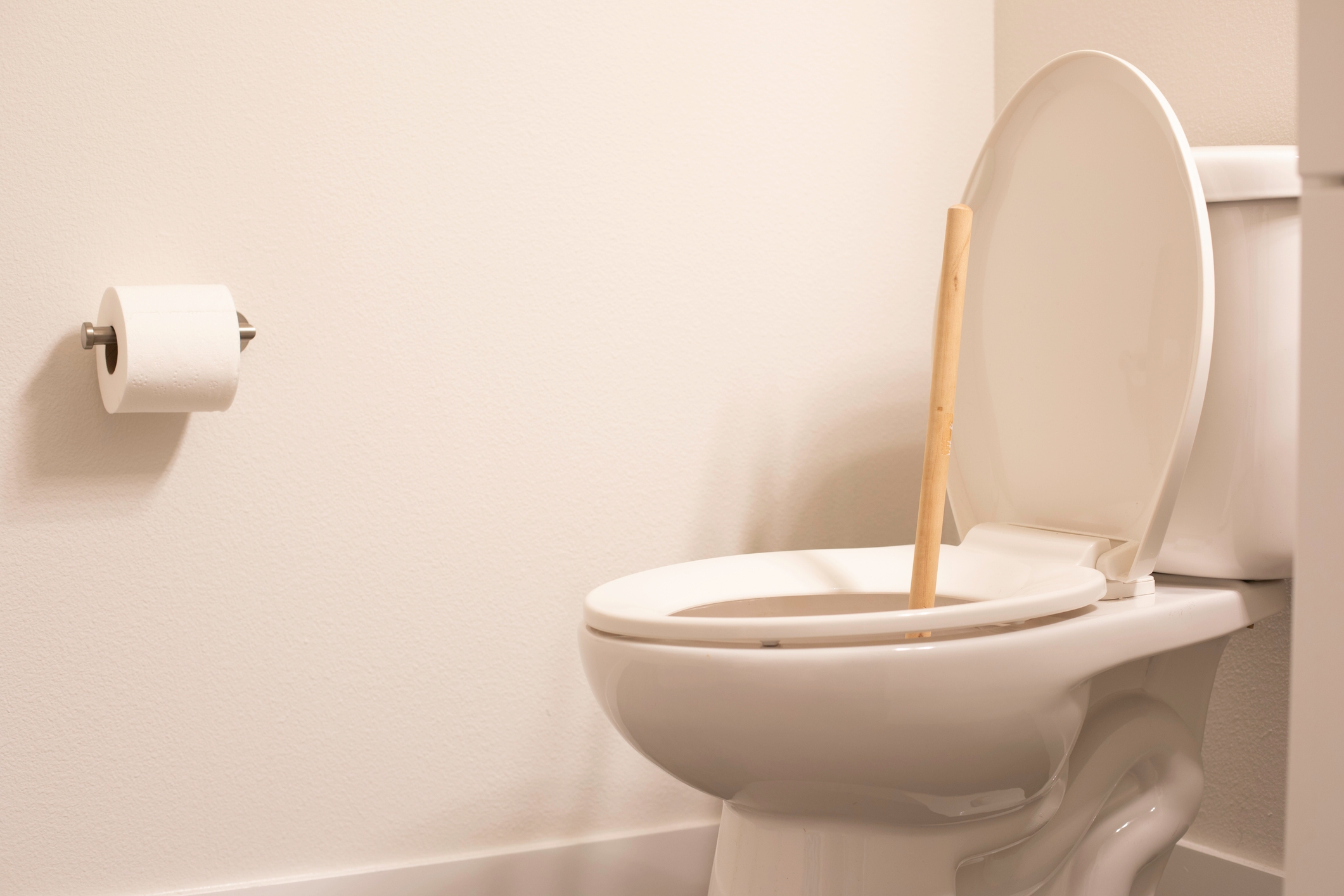 Toilet with lid open, containing an unpeeled wooden stick. Toilet paper is on the wall to the left