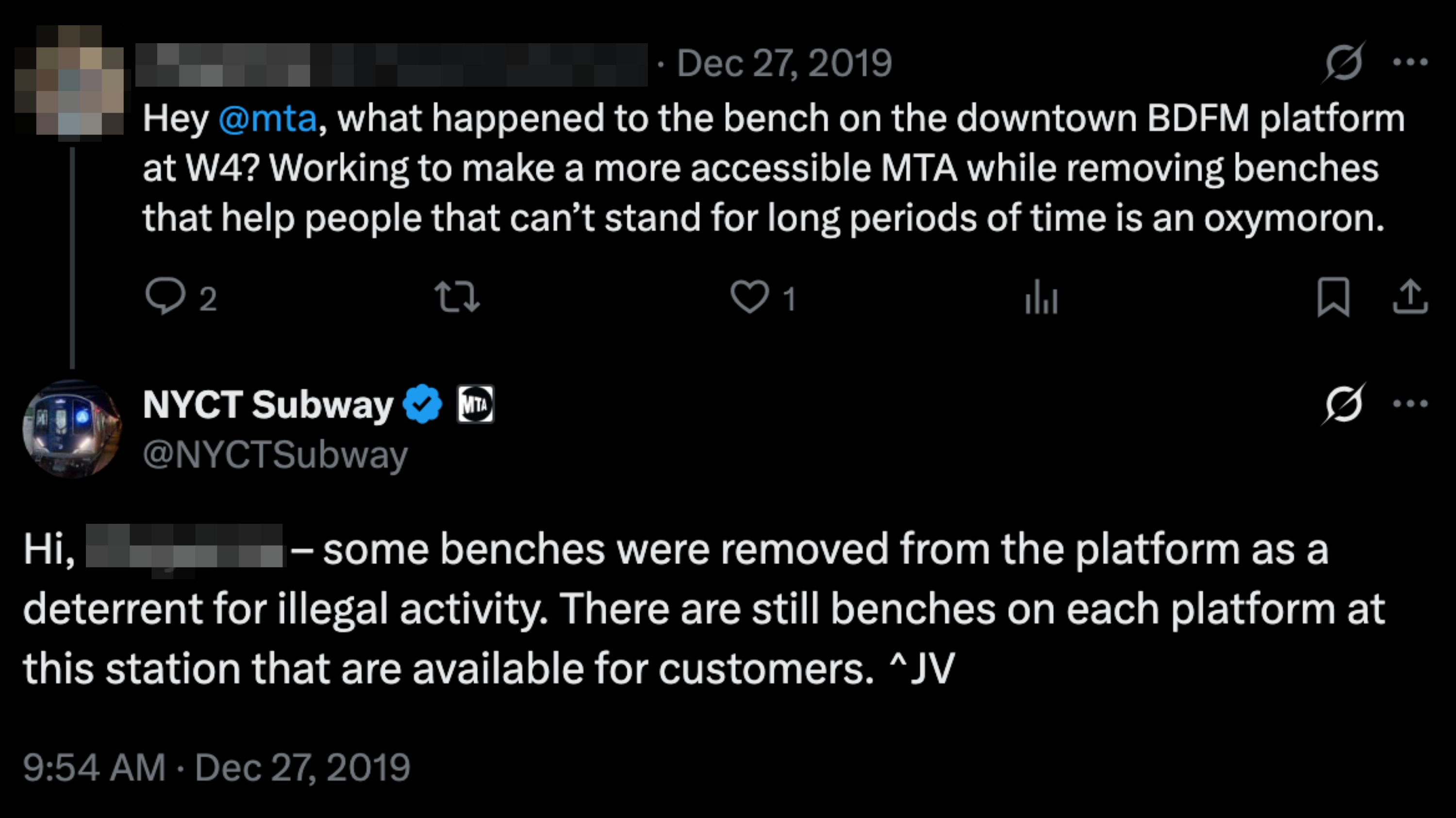 Screenshot of a Twitter exchange discussing the removal of benches from a subway platform due to illegal activity, while highlighting accessibility concerns