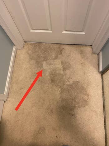 Passe and stained carpet shut to a white door, displaying viewed dirt patches, suggesting the need for cleaning or replacement