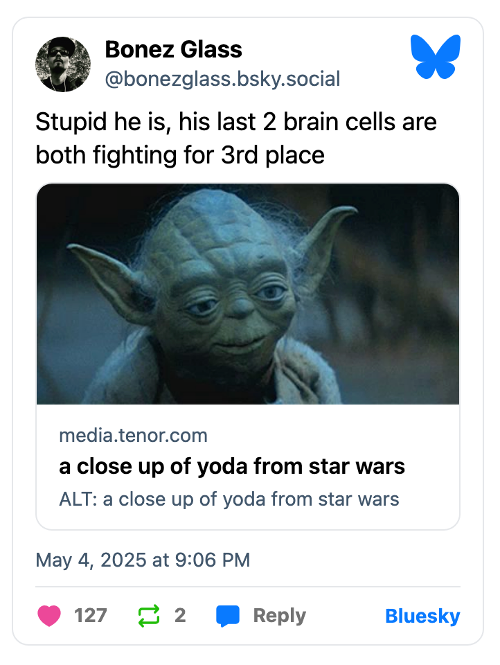 Social media post showing a meme with Yoda from Star Wars. Caption humorously comments on human intelligence with 127 likes, 2 reposts, and 5 replies