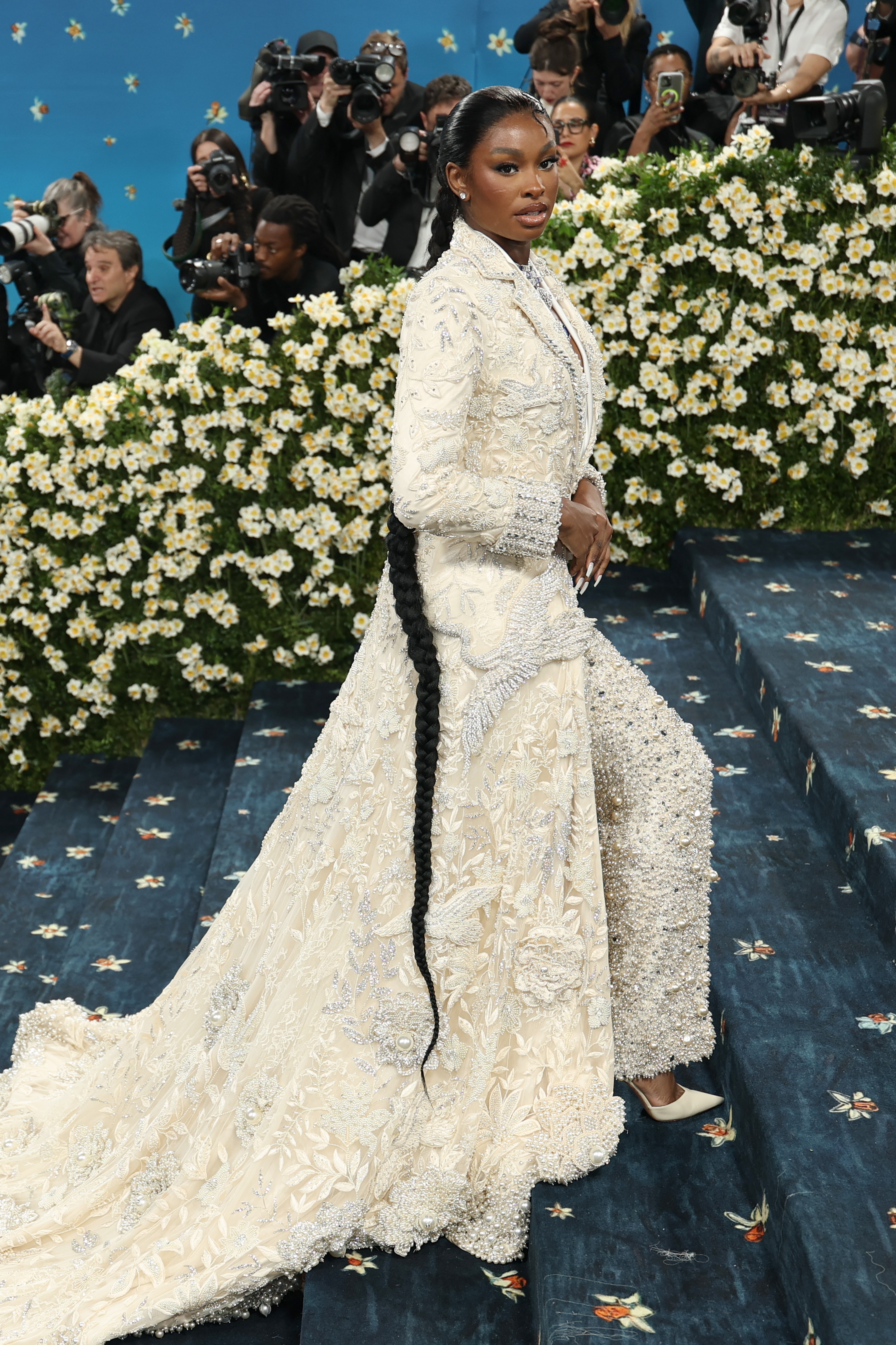 Person in elegant, embroidered gown with long train and intricate braid, poses on stairs amid photographers at a celebrity event