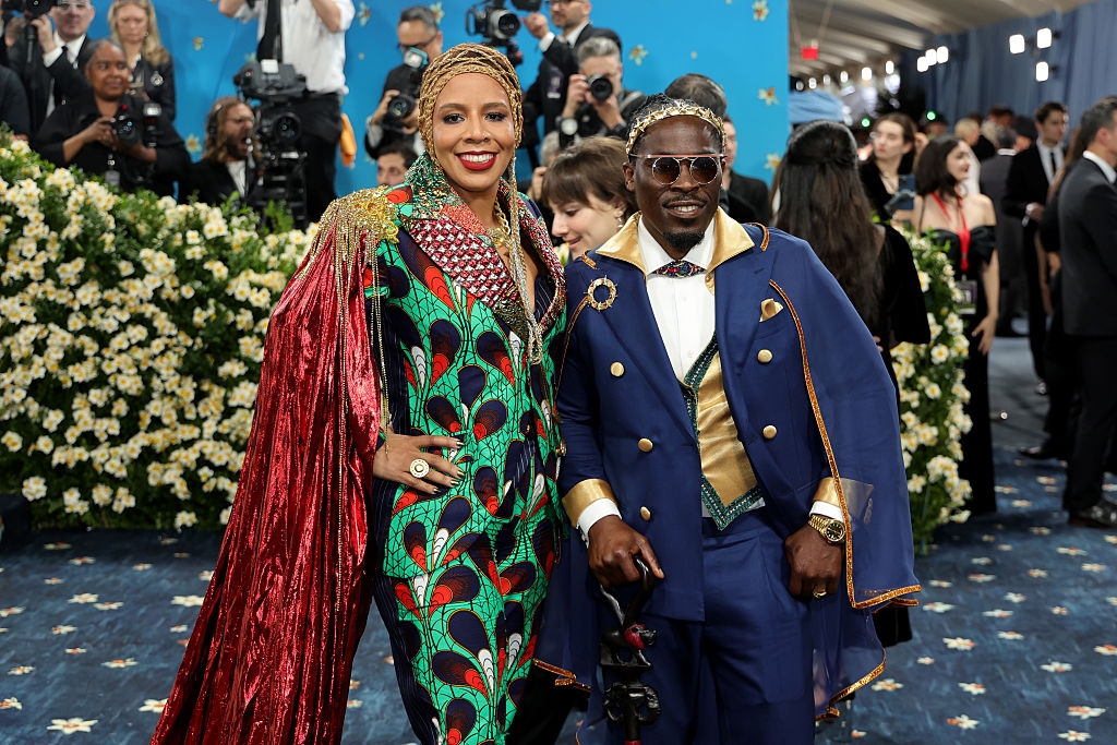close up of the couple's intricate headpieces
