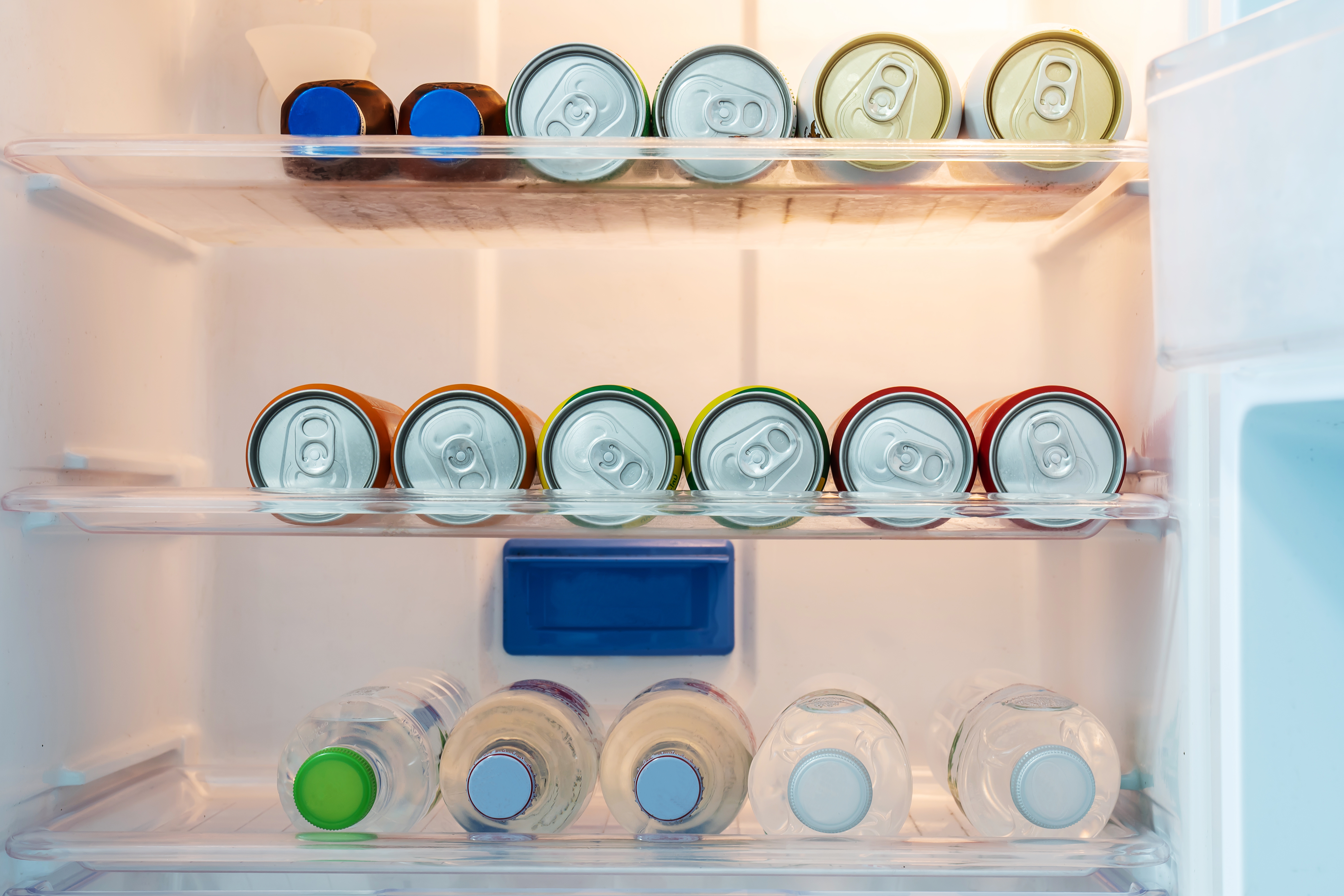 Cans and bottles neatly arranged on refrigerator shelves, including soda cans, water bottles, and condiment containers