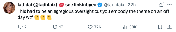 Tweet from ladidai says it was an oversight, praising someone's fit on an off day. Includes three surprised face emojis