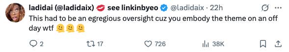 Tweet from ladidai says it was an oversight, praising someone&#x27;s fit on an off day. Includes three surprised face emojis
