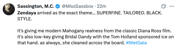 Text screenshot of a tweet about Zendaya's style at the Met Gala, referencing Diana Ross and Tom Holland