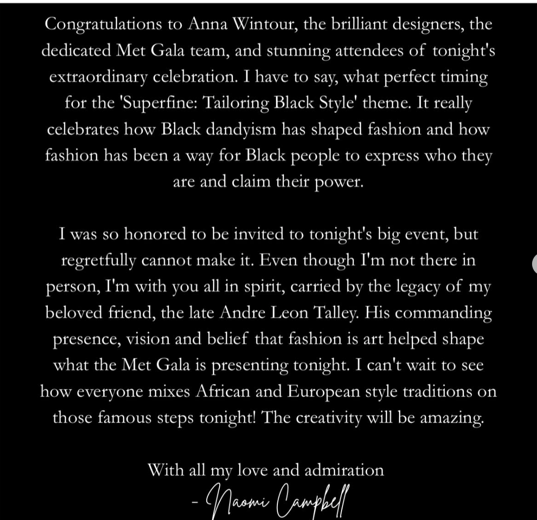 Message from Naomi Campbell expressing gratitude for Met Gala invitation, hails black fashion influence, and acknowledges Andre Leon Talley&#x27;s impact