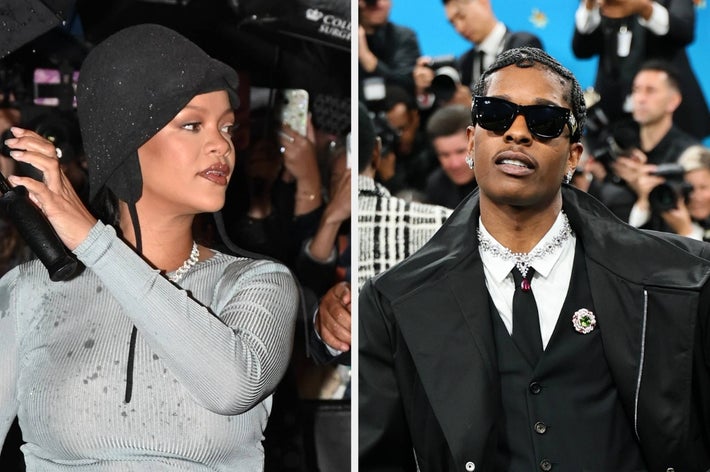 Two celebrities: one wearing a casual hat and fitted top; the other in a suit with patterned lapels and tie, both at a public event