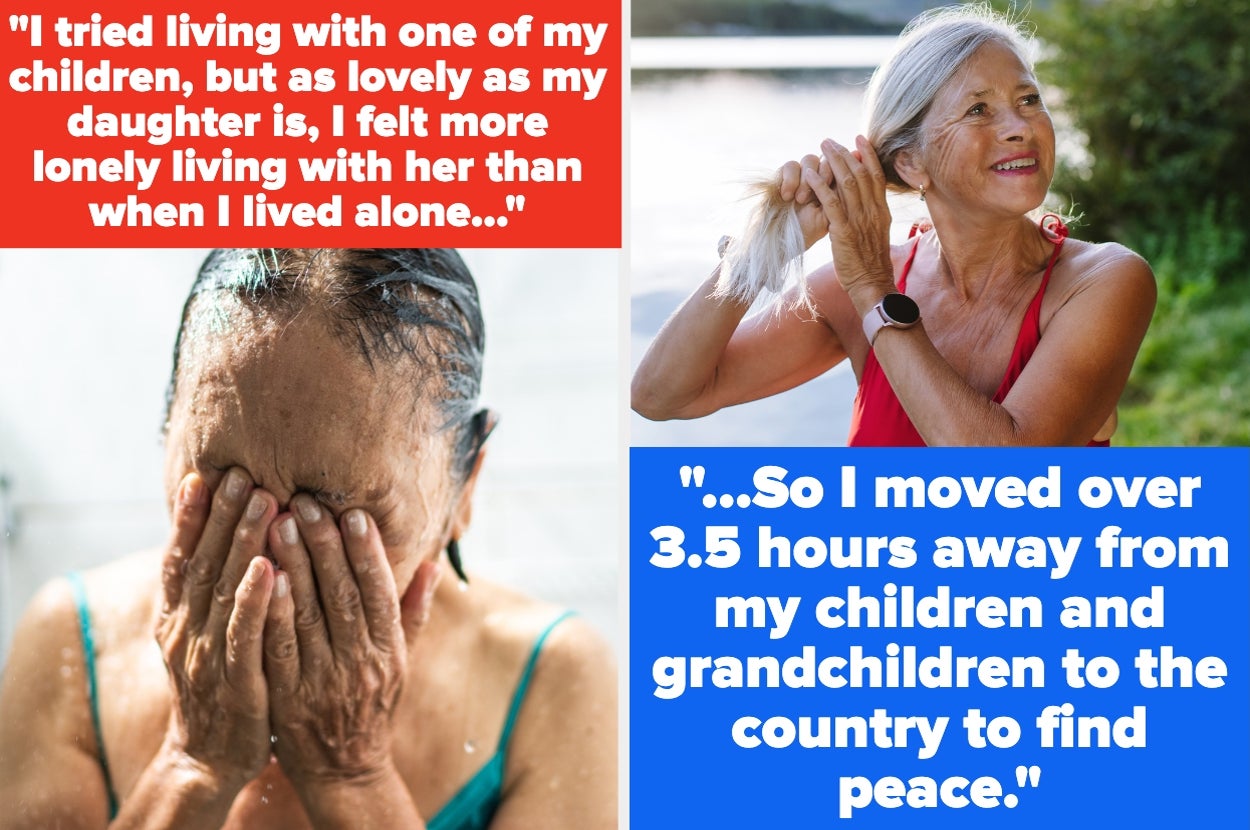 An elderly woman washes her face and ties her hair, reflecting on finding peace after moving away from family. Text discusses her journey to solitude