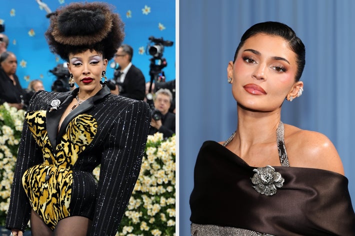 Two individuals at a celebrity event: Left, wearing a bold black and animal print outfit with structured shoulders; Right, wearing a sleek gown with a floral pin