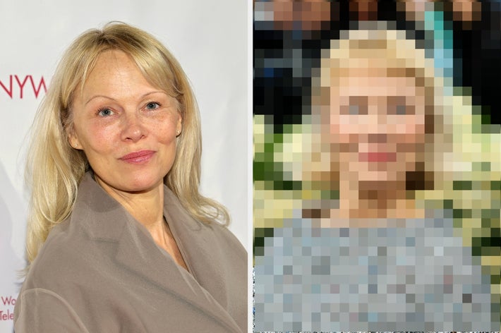 A person in a taupe coat on a red carpet next to a pixelated image of a similar-looking woman
