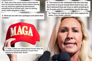 A person speaking at a microphone, holding a red hat with bold text. Various quoted statements regarding political opinions are shown nearby