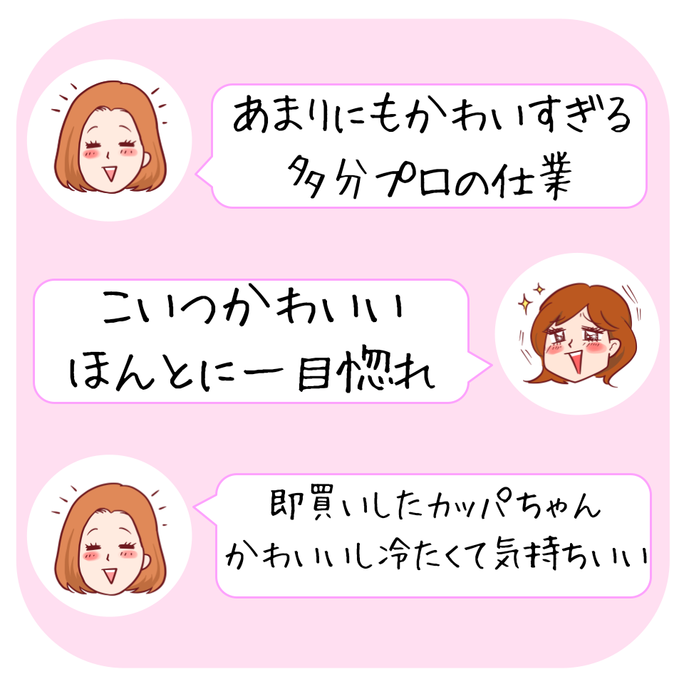 女性キャラクターがかわいいすぎるとコメントし合うイラスト。会話の中でプロの仕事や一目惚れについて触れている。