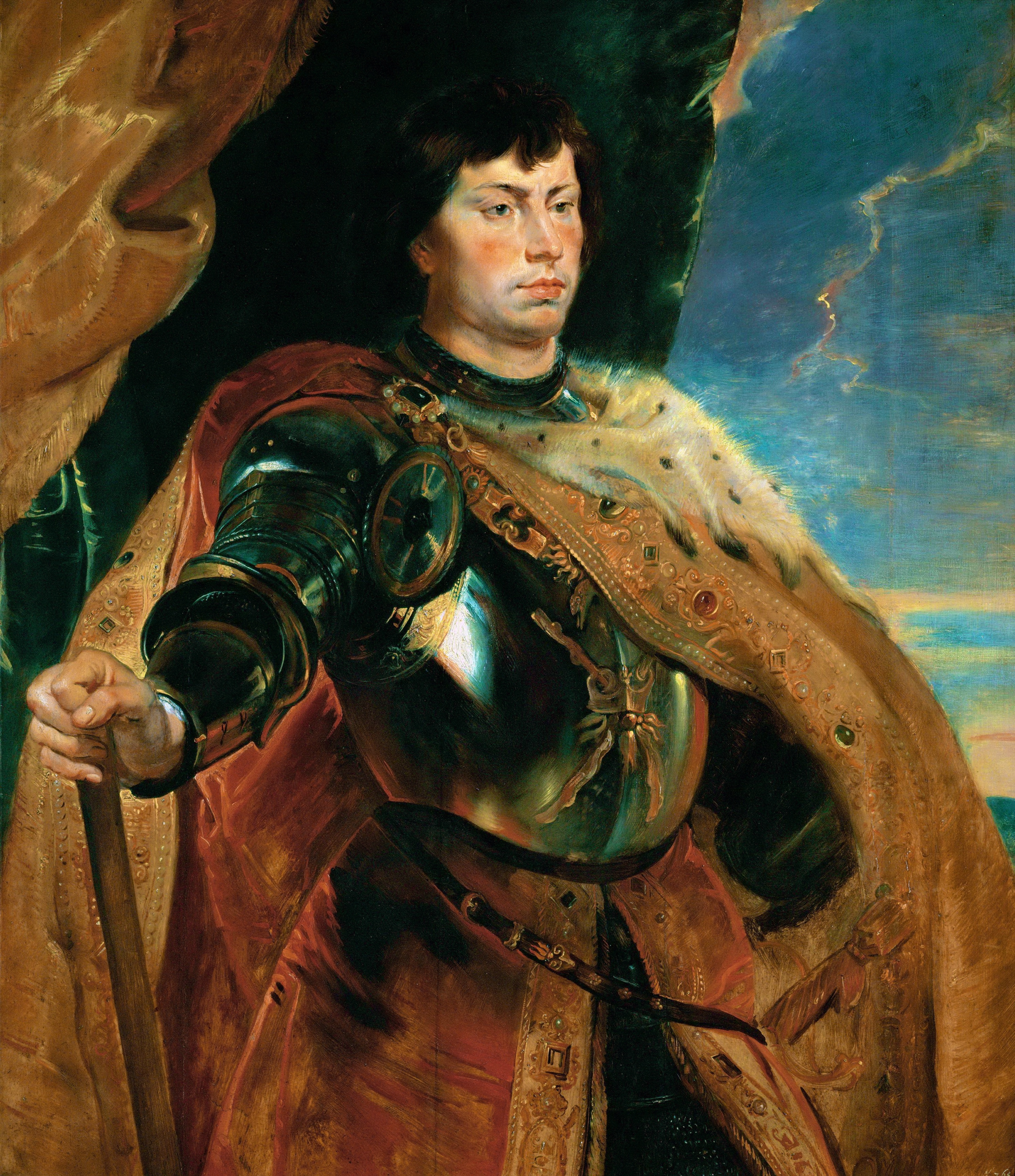 A historical painting depicting a noble figure in ornate armor with a cloak, holding a staff, set against a dramatic backdrop