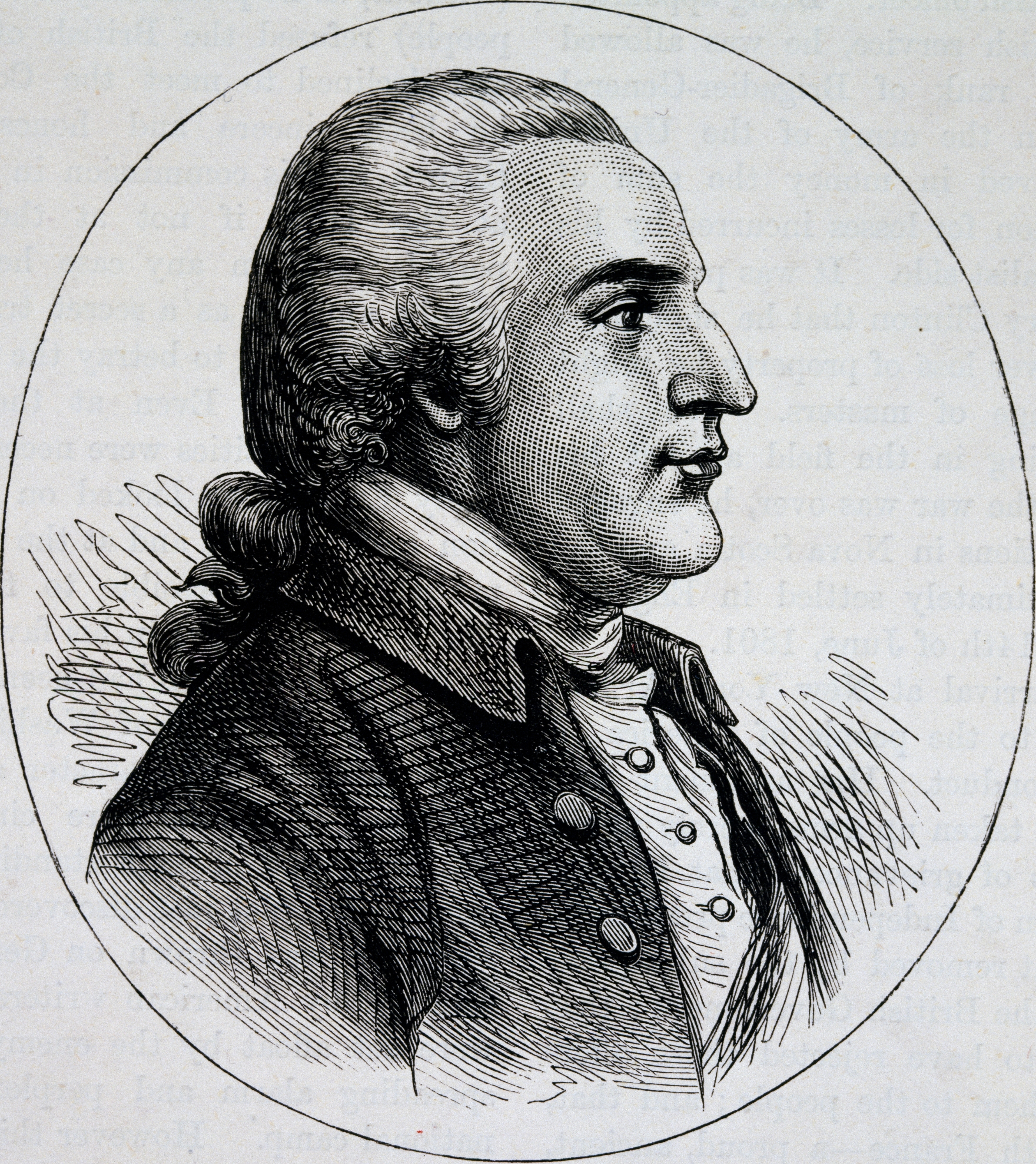 Engraving of a historical figure with 18th-century style attire, featuring a prominent nose and tied-back hair