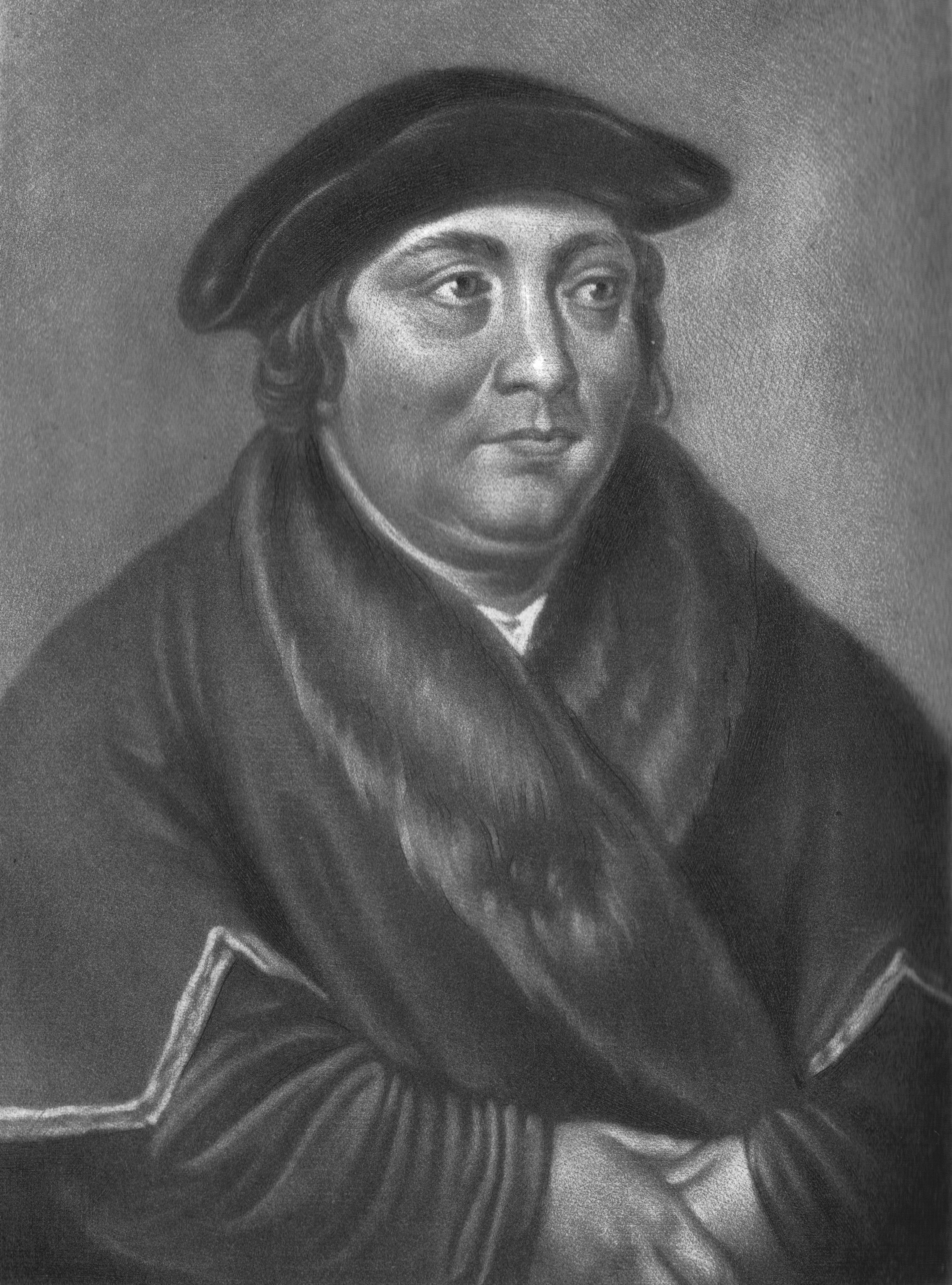 A historical portrait of an individual wearing a beret and a robe with a fur collar, posing with folded hands