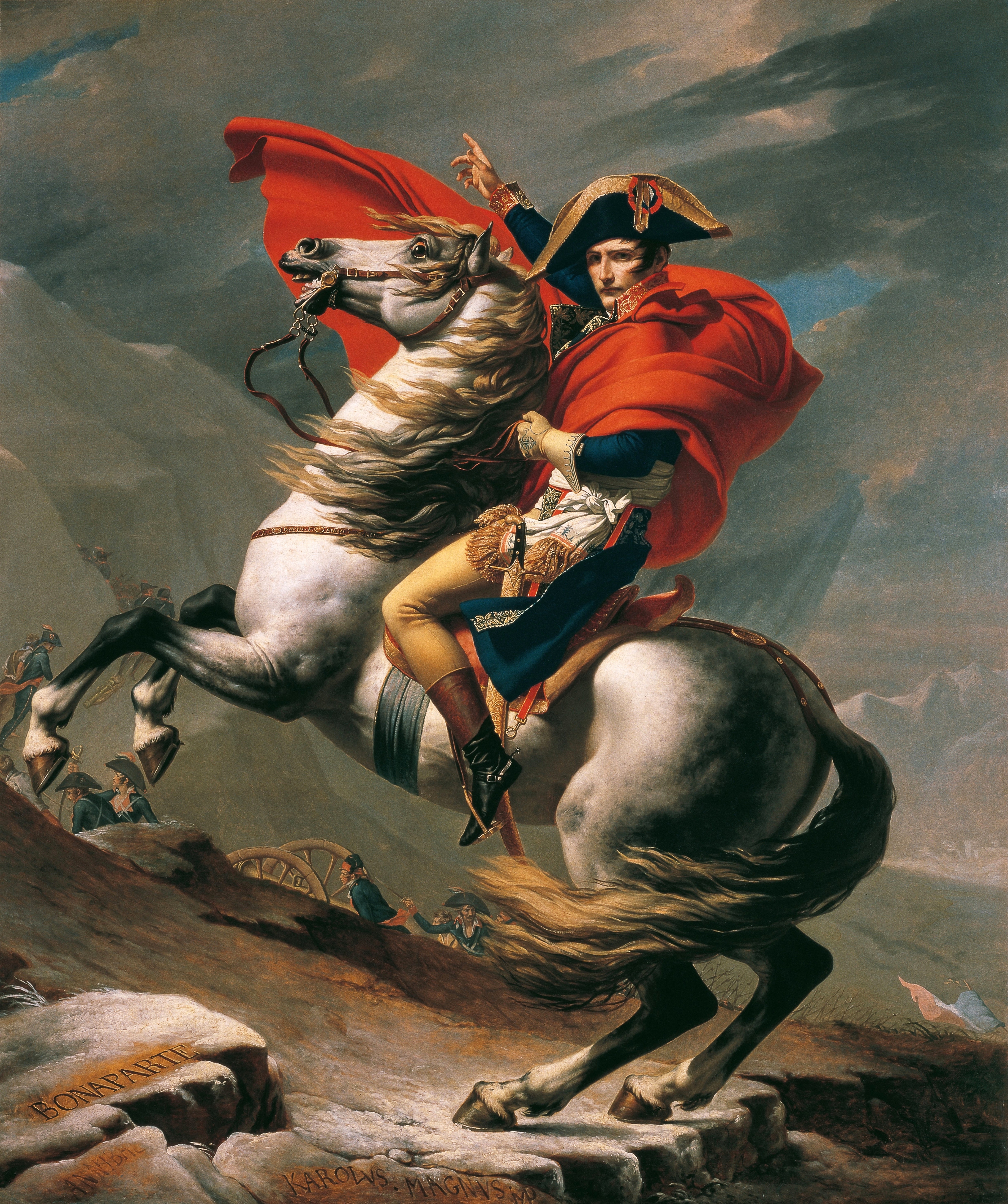 A historical figure in a military uniform is depicted heroically on a rearing horse, set against a dramatic mountainous backdrop