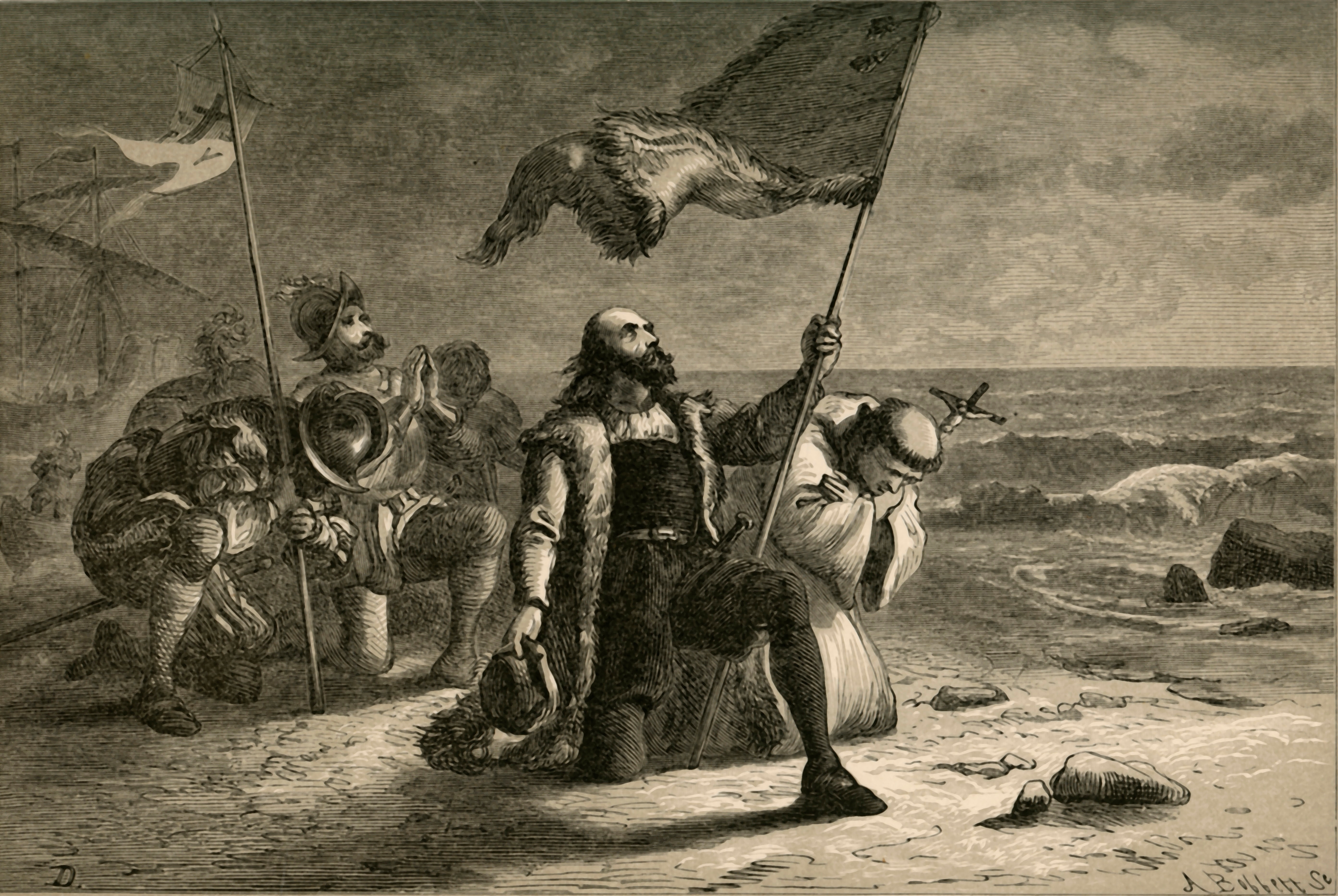 Explorers kneel on a beach, holding a flag. One looks up with reverence while another bows their head, symbolizing discovery and conquest