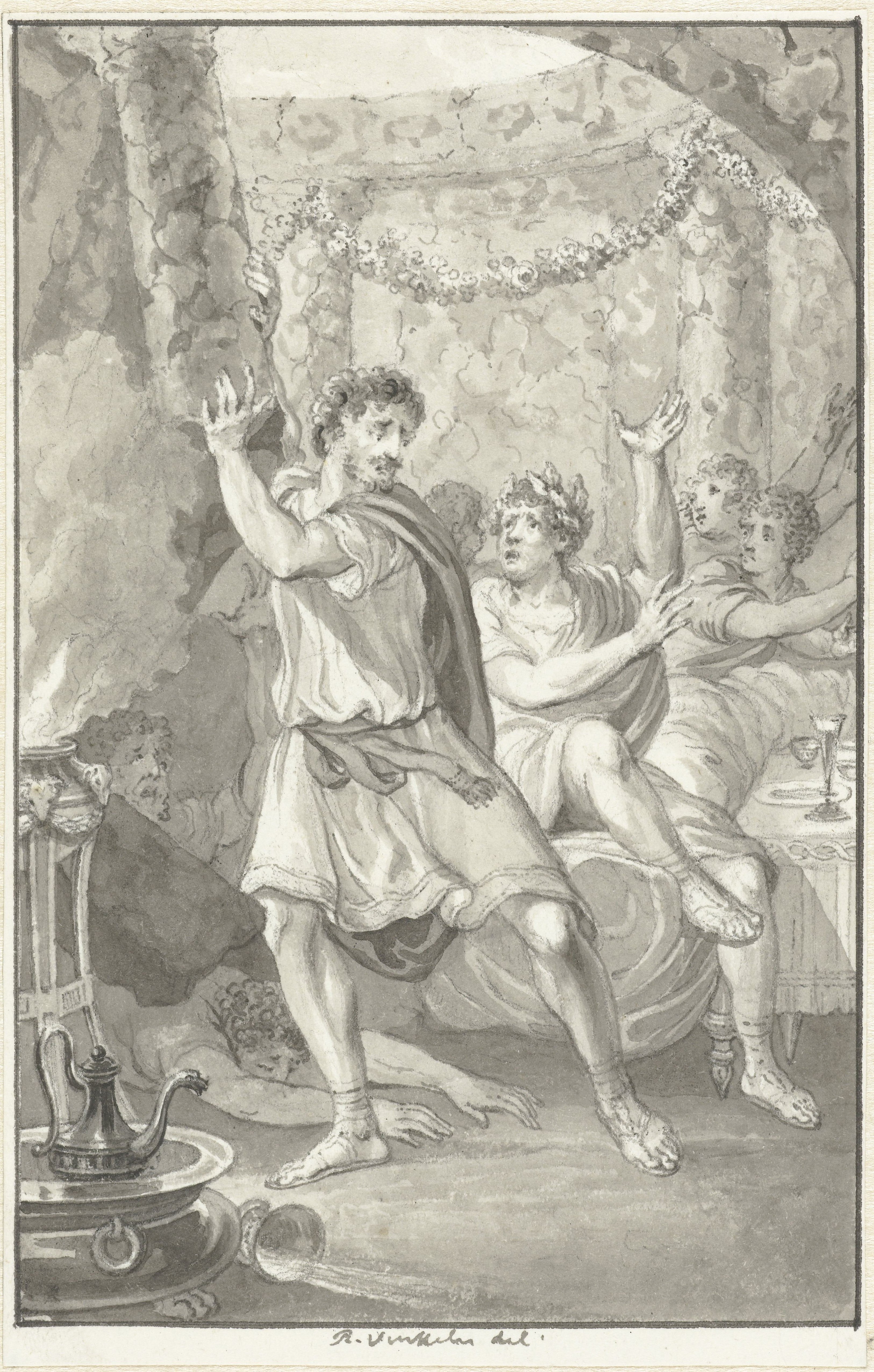 Historical illustration depicting a lively dance scene with figures in classical attire, surrounded by festive elements and intricate decor