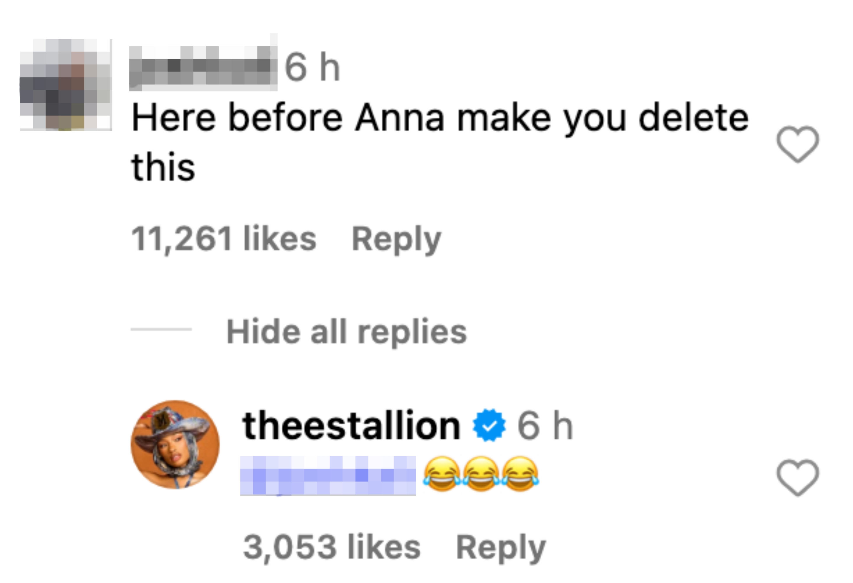 Instagram comment from Megan Thee Stallion replying to someone who joked about Anna Wintour making her delete a post