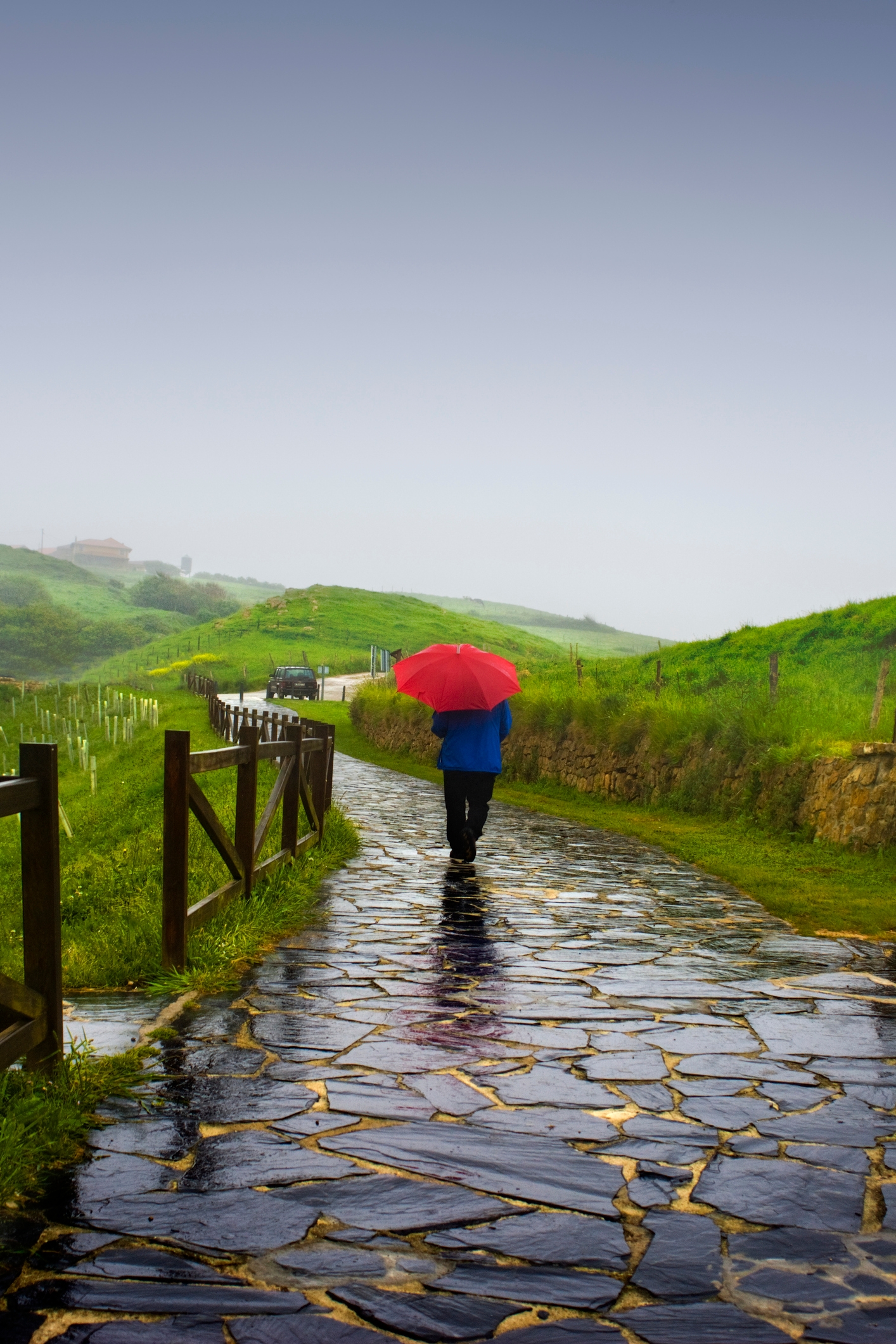 Person walks on a wet stone path through lush hills, holding a red umbrella against a misty backdrop