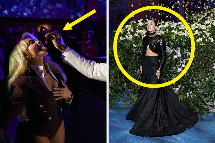 Two images: Left shows a celebrity enjoying a dessert on stage; right shows a celebrity in a black gown with floral backdrop