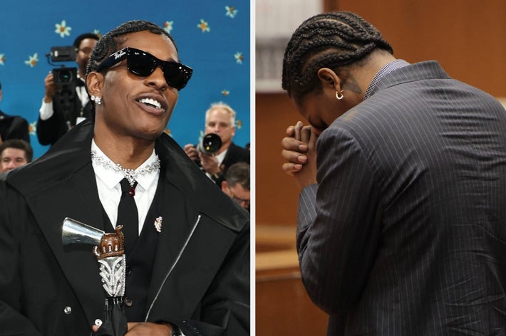 Two images: Left shows a person smiling in a stylish suit at an event. Right shows the same person in a courtroom, wearing a pinstripe suit, looking somber