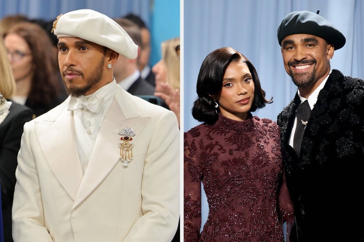 A celebrity wears a white beret with a formal white suit, embellished with a brooch, next to another image with two people in elegant attire
