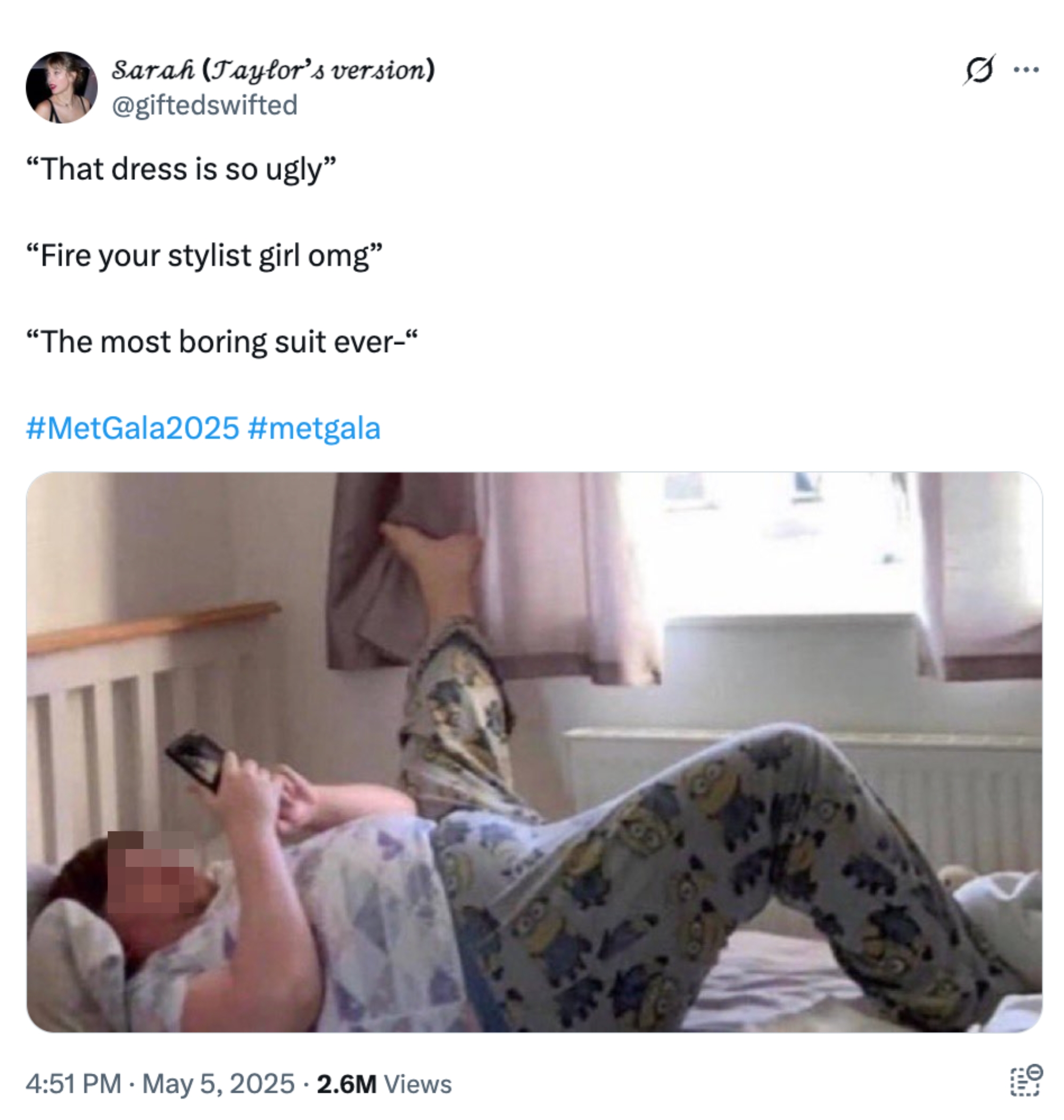 Person in bed wearing pajamas, holding a phone vertically with feet up. Text overlays mock red carpet commentary on a tweet